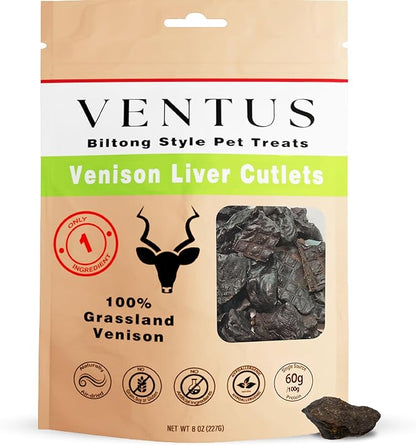 VENTUS Dog Training Treats - Single Ingredient Venison Jerky Liver Treats, All Natural, Air Dried, Low Fat, High Value Training Treats for Dogs, Organic, 8 oz
