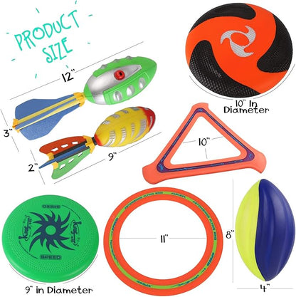8-in-1 Sports Combo Play Set - Ultimate Outdoor Family Backyard Games with Foam Football, Flying Discs, Aero Rings, Boomerang, Whistling Missiles – Throw & Catch Fun Activities for Kids