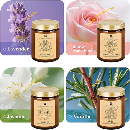 WarmEmbrace Lavender Candles, 4-Pack Scented Candle Set for Women, 7.6 oz Natural Organic Soy Wax in Glass Jar, 160 Hours Long-Lasting Burn, Perfect for Mom Girl Friend Birthday Gifting (4 Fragrance)