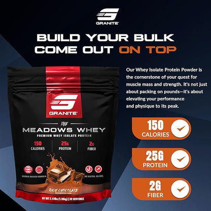 Granite Supplements The Meadows Whey Protein Isolate Protein Powder for Lean Muscle with 150 Calories, 2g Fiber, 1g Sugar (30 Servings), Rich Chocolate Flavor