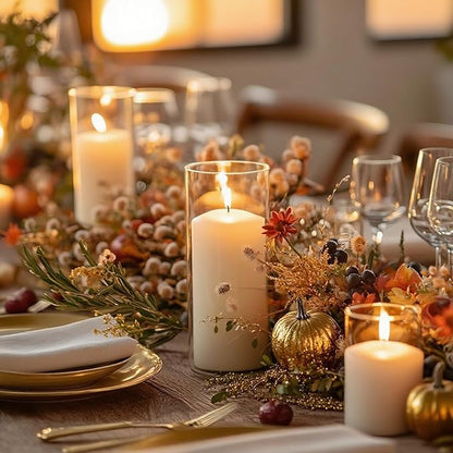 24 Pcs White Pillar Candles with Glass Candle Holder Hurricane Glass Candle Holders Clear Cylinder Vases for Centerpieces Wedding Office Party Home Table Decor