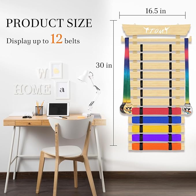12 Belts Karate Belt Display Rack with Stickers, Martial Arts Belt Display Holder, Taekwondo Belt Display, Jiu Jitsu BJJ Belt Display Hanging Holder for Kids and Adults Gifts