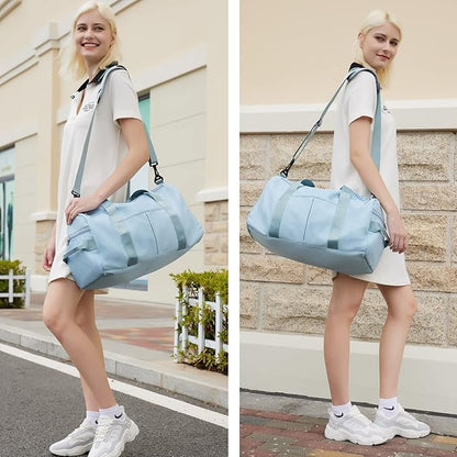 ZGWJ Sports Gym Bag with Wet Pocket & Shoes Compartment, Waterproof Shoulder Weekender Bag for Women and Men Swim Sports Travel Gym Bag Lightweight and easy Carry on Light Blue