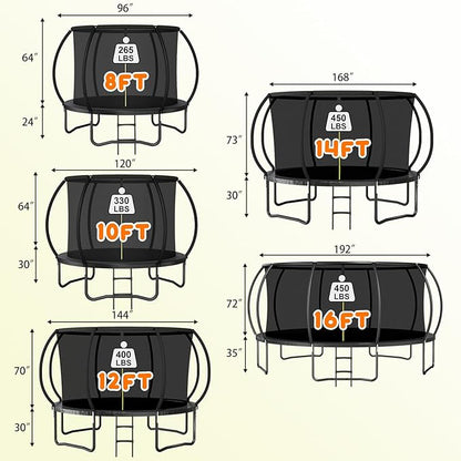 Trampoline 12FT 14FT 15FT 16FT for Kids/Adults - Outdoor Recreational with Enclosure Net Curved Poles and Ladder, Heavy Duty Anti-Rust Coating, ASTM Approval