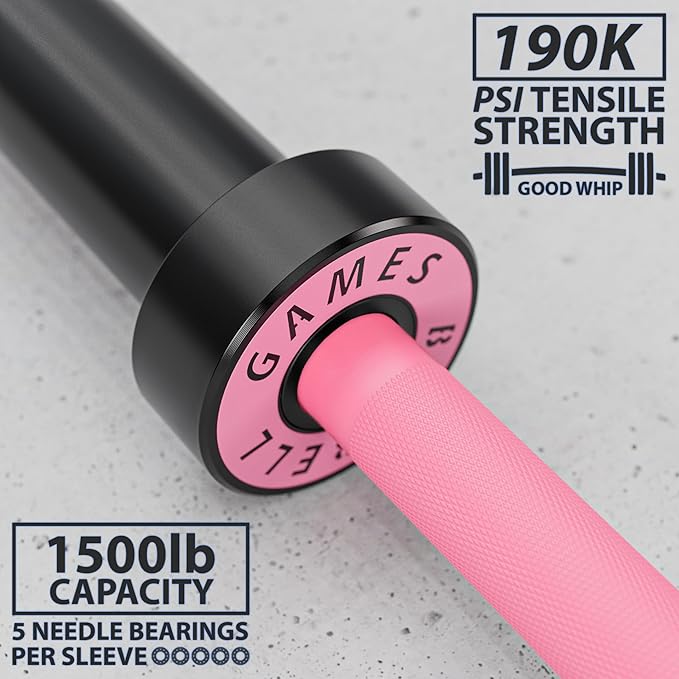 Synergee Games 15kg and 20kg Colored Ceramic Coated Barbells. Rated 1500lbs for Weightlifting and Powerlifting. Black, Red, Grey, Pink