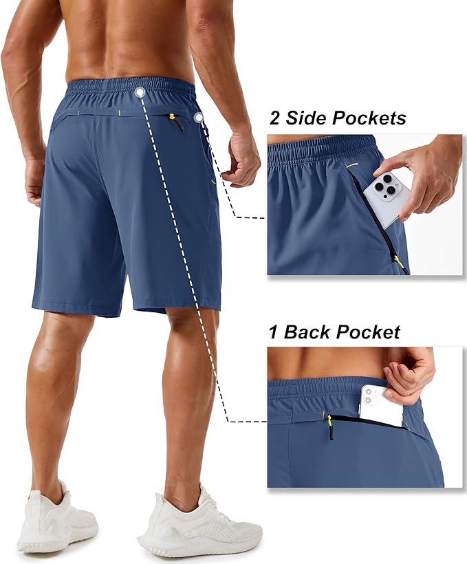 TACVASEN Men's Running Athletic Shorts 9" Quick Dry Workout Gym Shorts Lightweight Summer Shorts 3 Zipper Pockets