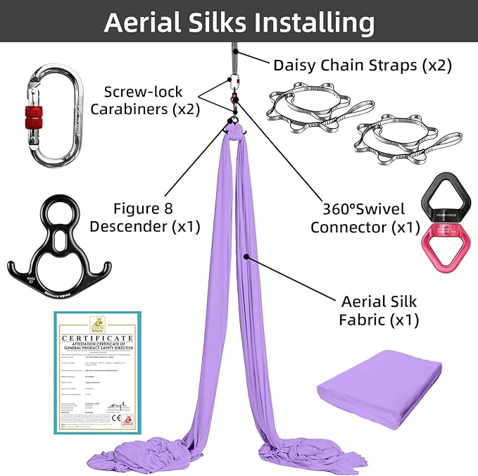 PRIOR FITNESS Aerial Silks Set, Professional Thicker Low Stretch Fabric 9/15/20 Yards Aerial Silk Swing Set with Hardware Guide, Yoga Starter Kit For Home, Aerial Yoga Hammock, Silks for Gymnastics, Antigravity Yoga, Inversion Exercise-All Levels