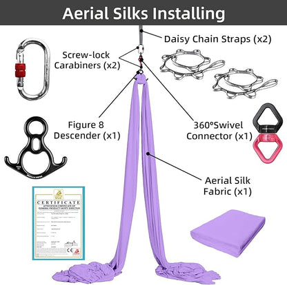 PRIOR FITNESS Aerial Silks Set, Professional Thicker Low Stretch Fabric 9/15/20 Yards Aerial Silk Swing Set with Hardware Guide, Yoga Starter Kit For Home, Aerial Yoga Hammock, Silks for Gymnastics, Antigravity Yoga, Inversion Exercise-All Levels