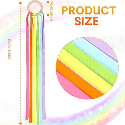 12 Pcs Rainbow Ribbon Wooden Waldorf Toys Creative Waldorf Hand Kite Set Streamers with Wood Ring Sensory Learning Educational Toy for Playroom Dancing Birthday (Fresh Color)