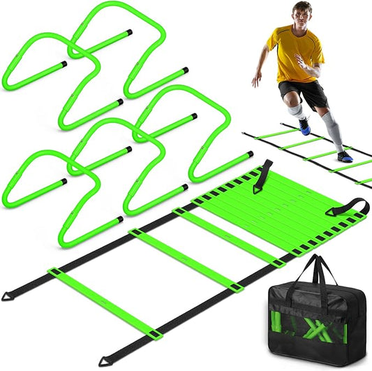 Speed and Agility Training Equipment: 5 Adjustable Agility Hurdles. 20ft Agility Ladder, Soccer Training Equipment Set for Kids Youth Adults