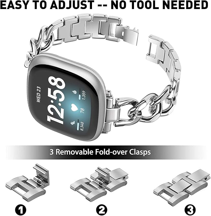 Cool Women Chain Metal Smartwatch Bands Compatible for Fitbit Sense/Fitbit Versa 3 Bands for Dressy Women, Metal Wristband Strap for Fitbit Sense 2/Versa 4