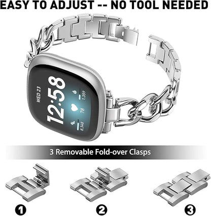 Cool Women Chain Metal Smartwatch Bands Compatible for Fitbit Sense/Fitbit Versa 3 Bands for Dressy Women, Metal Wristband Strap for Fitbit Sense 2/Versa 4