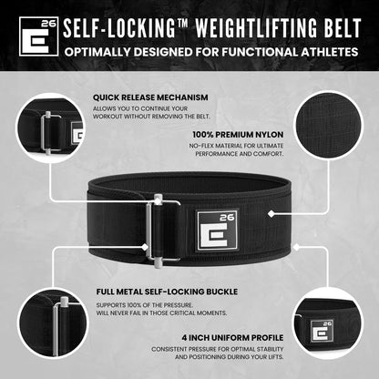 Element 26 Self-Locking Weight Lifting Belt - 4-Inch Nylon Support for Men and Women - Squat and