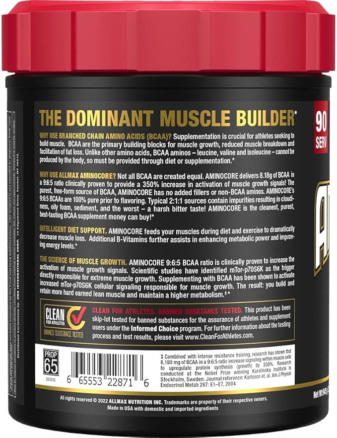 ALLMAX Nutrition AMINOCORE BCAA, Blue Raspberry - 945 g Powder - 8.18 Grams of Branched Chain Amin Acids Per Serving - with B Vitamins - No Fillers or Non-BCAA Aminos - Sugar Free - 90 Servings