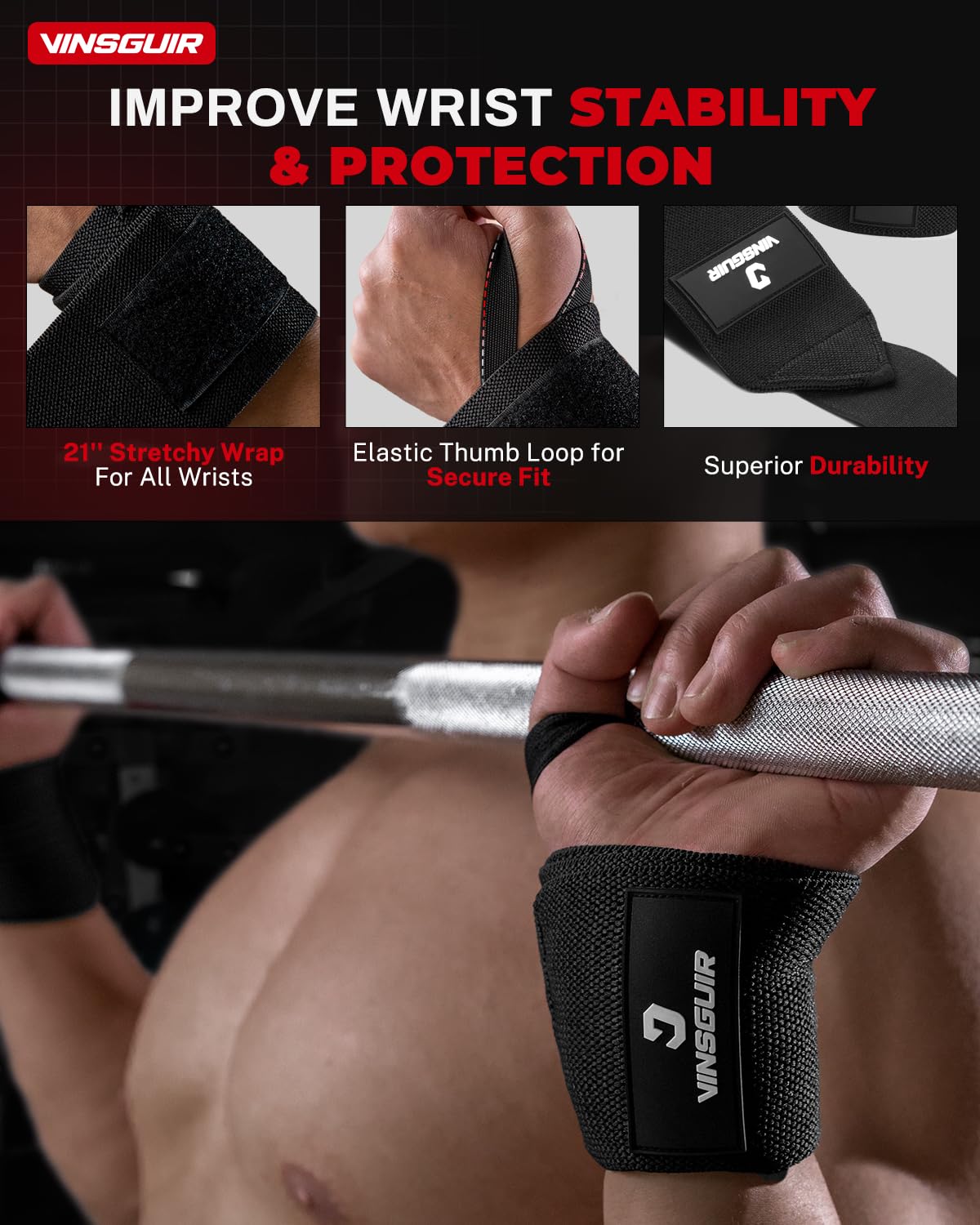 VINSGUIR Wrist Wraps for Weightlifting, [USPA Approved] 21'' Lifting Straps for Wrist Support with