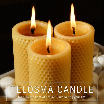 Natural Beeswax Pillar Candles 4 Packs - Honeycomb Surface - 100% Pure Beeswax Candles No Scent- for Emergency/Prayer/Relax (2inch Diameter, 4 inch Tall - Yellow)