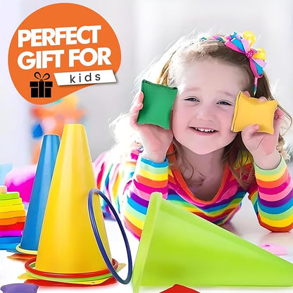 CircleCraft 31 Pcs. Plastic Cones and Rings Games Ring Toss Games for Adults, Carnival Games for Kids, Bean Bag for Kids Games Birthday Party, Yard Game, Sports & Outdoor Game for Family Party
