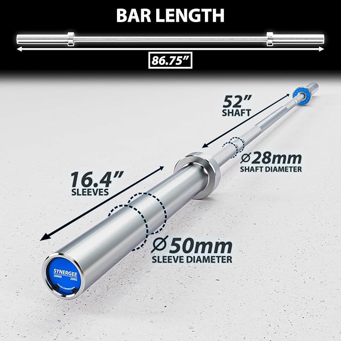 Synergee Regional Olympic 20kg Men’s and 15kg Women’s Hard Chrome & Black Phosphate Barbells. Rated 1500lbs for Weightlifting and Powerlifting.