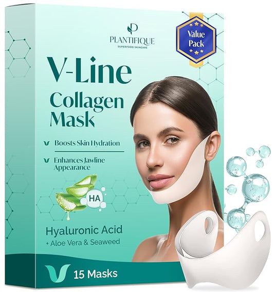 PLANTIFIQUE V-Line Collagen Mask for face 15 PCS | Chin Strap for Women & Men | V Line Lifting Mask