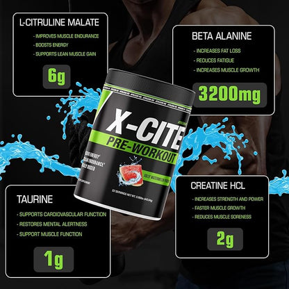 ATHLEAN-X X-CITE Pre-Workout Supplement - Boost Energy, Endurance, and Focus with Natural Ingredients - Jolly Watermelon Pucker