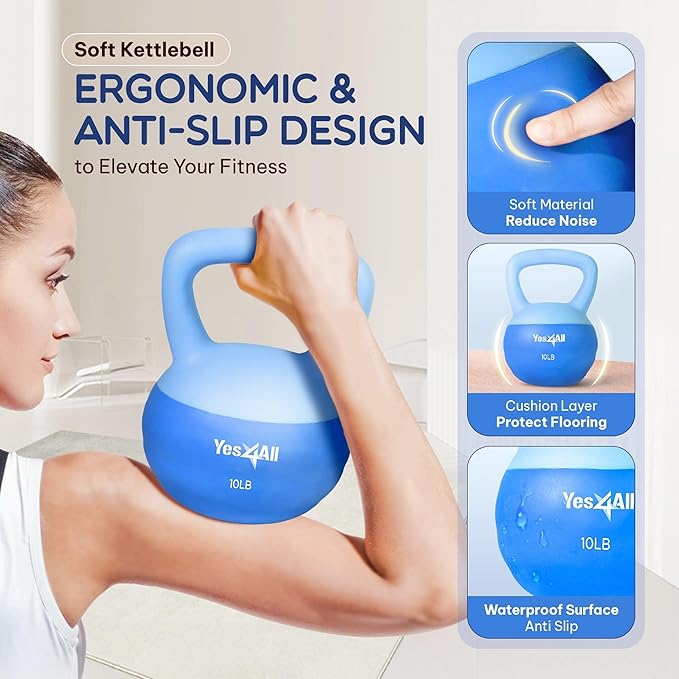 Yes4All Soft Kettlebell, PVC Kettlebells Exercise Weights & Color-Coded Strength Training Kettlebells with 4 Options (5,10,15,20lb), Gentle Hand Weights for Women at Home