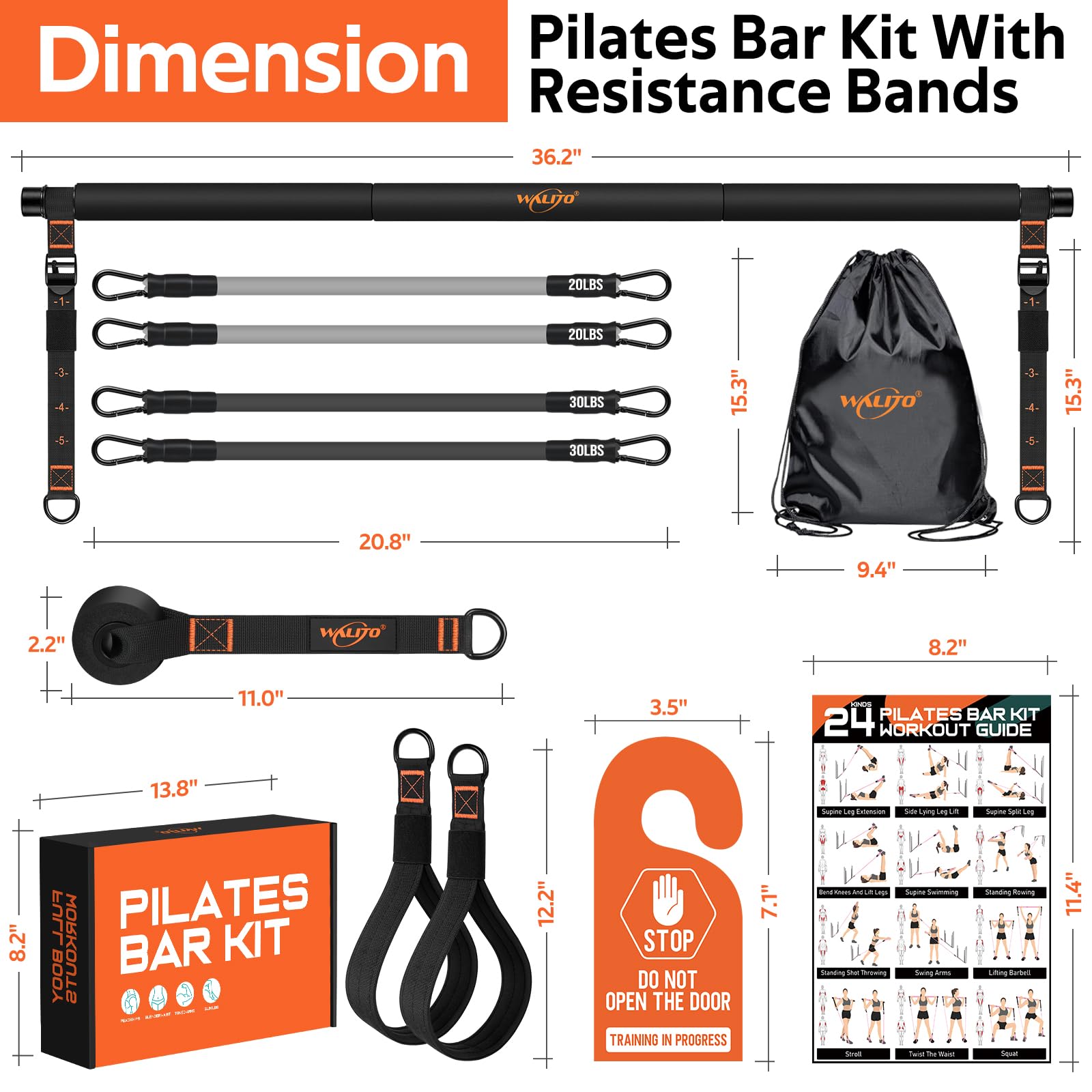 WALITO Pilates Bar Kit with Resistance Bands 3-Section Yoga Exercise Bar