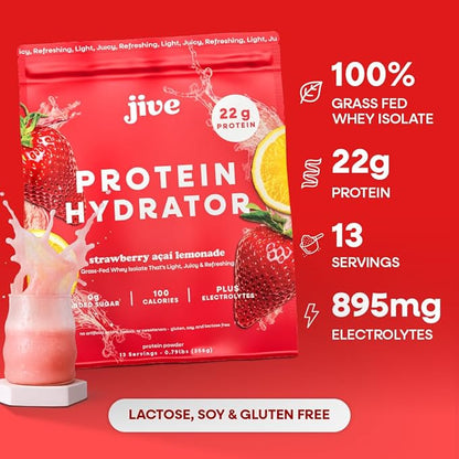Jive Clear Protein Powder - 22g Grass-Fed Whey Isolate, 13 Servings - Strawberry Acai Lemonade - 895mg of Electrolytes - Zero Added Sugar - Clear Drink Protein Water & Juice