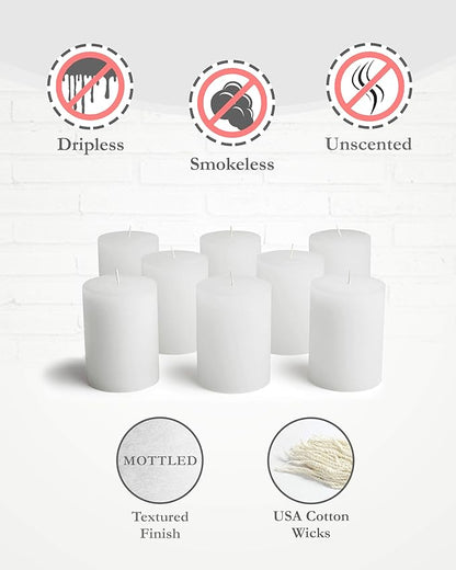Mottled Pillar Candles by Bask - Set of 8-3" x 4" Dripless Unscented Candles in White for Home Decor, Relaxation & All Occasions