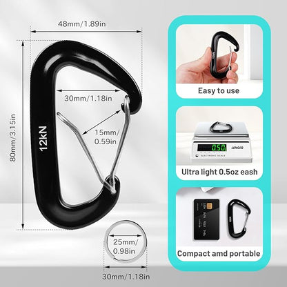 4-Pack Carabiner Clips Heavy Duty-12KN, 7075 Aircraft Aluminum Carabiners with Wiregate - Lightweight, D-Ring Key Hook, Fit for Hammock, Hiking, Camping, Dog Leash, Keychains（Black）