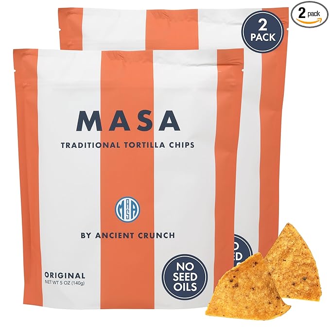 MASA CHIPS - Tortilla Chips Snack Pack - Seed Oil Free, Naturally Grown Corn Chips - Low Carb Snacks - Made with Grass Fed Tallow & Sea Salt - 2 Pack, 5 Ounce Each
