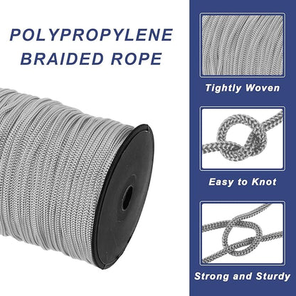 MECCANIXITY 3/16 Inch Polypropylene Rope Braided Ropes, 328ft Nylon Rope Hollow Utility Cord for Clothesline, Camping, Hiking, Outdoor, Light Grey