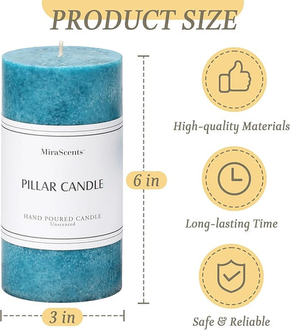3x6 inch Blue Pillar Candles Set of 3, Unscented Pillar Candle, Dripless and Smokeless Large Candles, Candle for Home Decor, Dinner Table,Weddings, Holidays