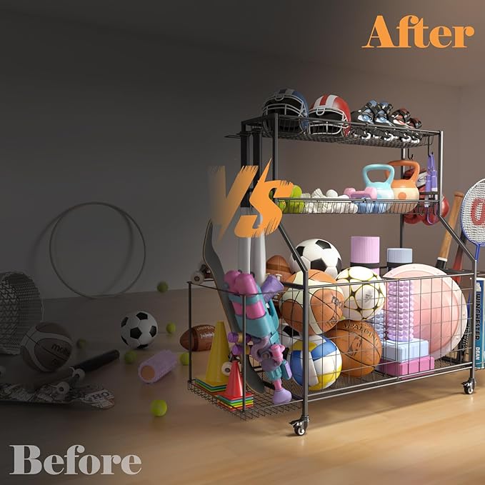 Sports Equipment Organizer, Garage Ball Storage Racks - Outdoor Toy Storage with 2 Side Racks & Removable Baskets, Heavy-Duty Garage Rolling Ball Cart with Wheels, Hooks for Sports Gear, Toys