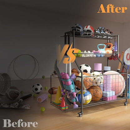 Sports Equipment Organizer, Garage Ball Storage Racks - Outdoor Toy Storage with 2 Side Racks & Removable Baskets, Heavy-Duty Garage Rolling Ball Cart with Wheels, Hooks for Sports Gear, Toys