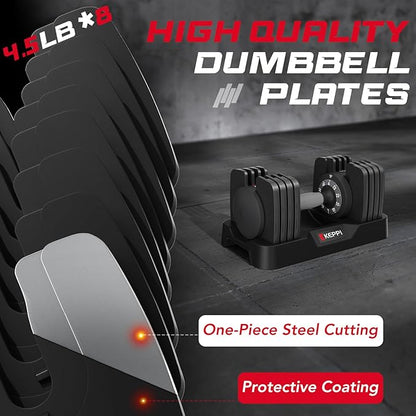 Keppi Adjustable Dumbbells Set-25lb/40lb/55lb/60lb, Anti-Slip Metal Fast Adjust Weight Handle, Exercise & Fitness for Full Body Workout - Adjustable Dumbbell Series