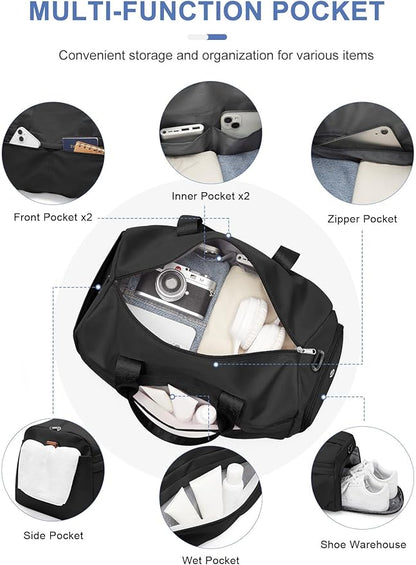 Gym Bag for Women Men with Shoe Compartment, Sport Duffel Bag, Waterproof Travel Weekender Overnight Carry on Bag for Yoga, Black