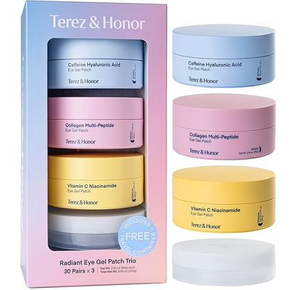 TEREZ & HONOR Eye Patches Set: Korean Hydrogel Eye Masks, 3 Pack (x 60 Pcs) with Caffeine, Collagen & Vitamin C - For Puffy Eyes, Dark Circles, Fine Lines, Wrinkles & Bags, Travel Case Included