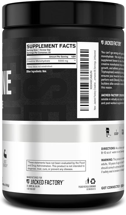 Jacked Factory Creatine Monohydrate Powder 425g - 5g Daily Creatine Supplement for Men and Women, Vegan-Friendly, Third-Party Tested - 85 Servings, Unflavored