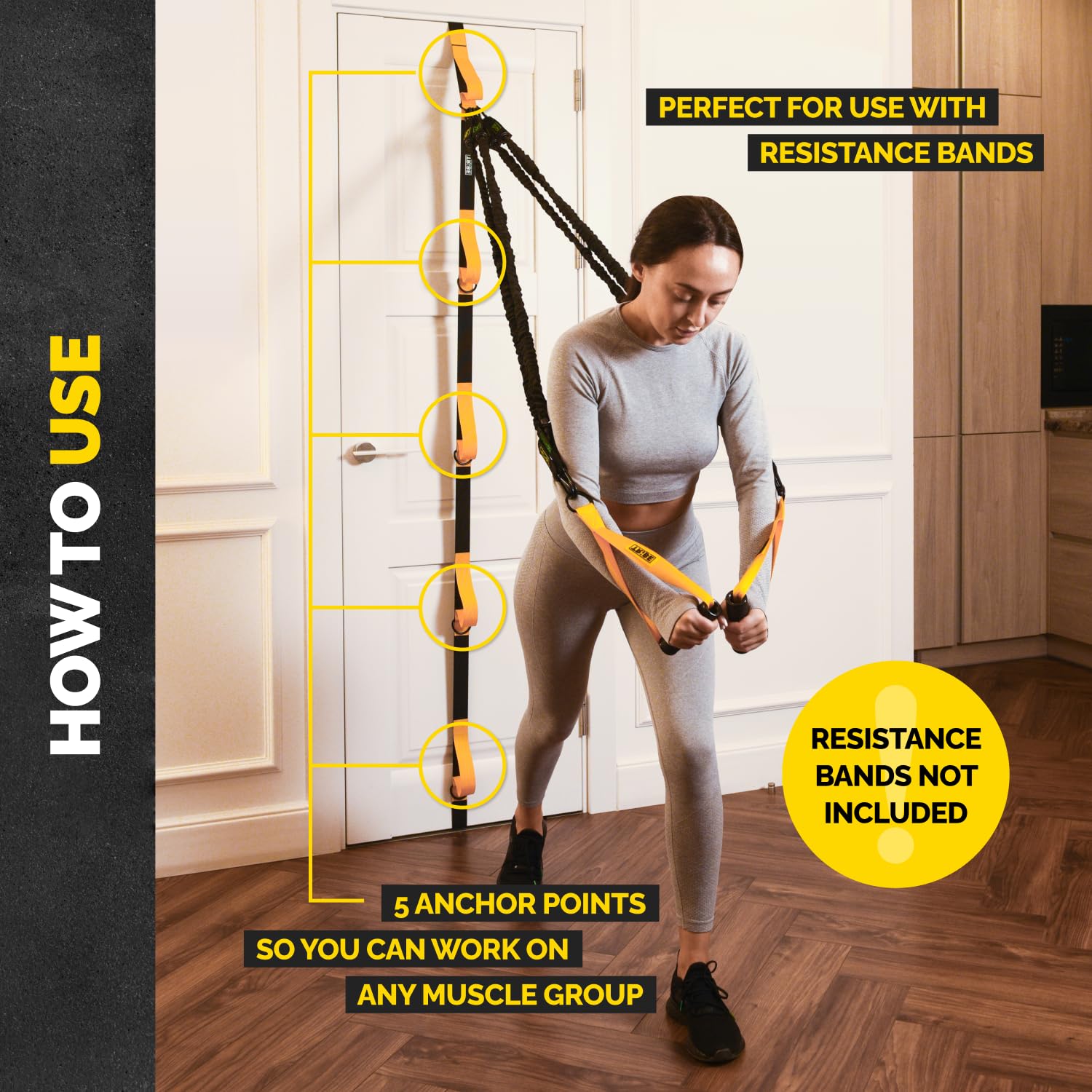 Door Anchor Strap for Resistance Bands with 5 Loops and Metal D-Rings