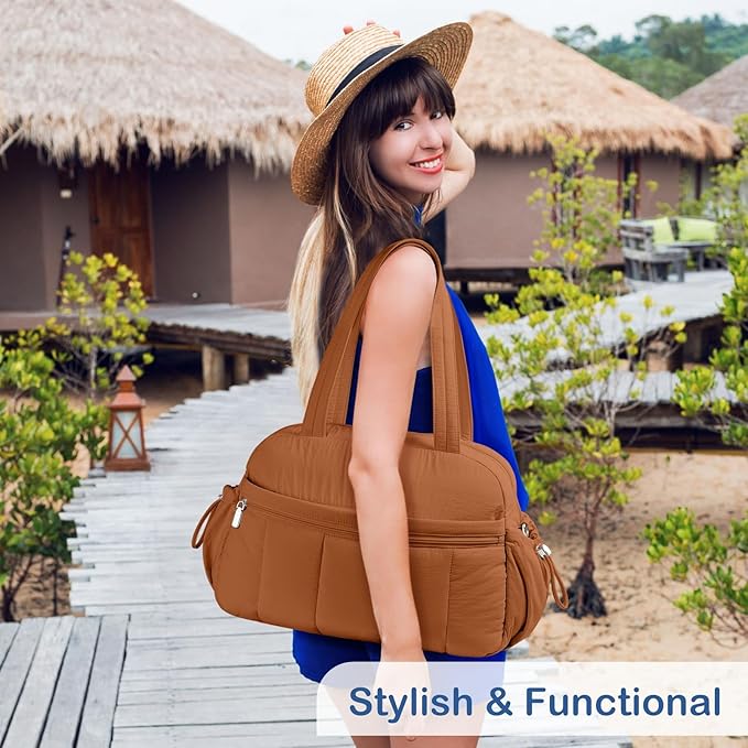 TOPDesign Travel Duffel Bag for Women, Puffer Gym Bag Sports Tote with Wet Pocket, Carry On Weekender with Luggage Sleeve (Brown)