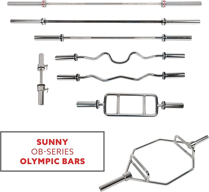 Sunny Health & Fitness Strength Training Olympic Hex Bar Barbell, High Load Capacity, Swivel Handles, Safety Clips, Knurled Handles for Deadlifts, Shoulder Presses, Shrugs, Back Rows, Weightlifting