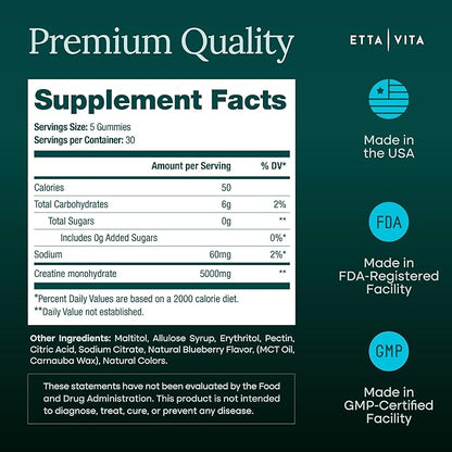 Sugar-Free Creatine Monohydrate Gummies (5g Per Packet) - Potent Creatine Gummies for Men & Women, Supplement for Muscle Support, Cellular Energy, Cognitive Function - Non-GMO, Gluten-Free, Vegan