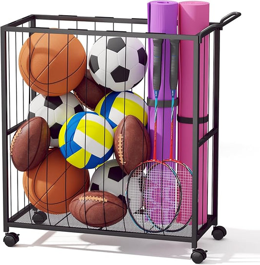 Ball Storage Bin Rolling Sports Ball Cart, Metal Garage Organizer Sport Rack, Ball Basket Storage