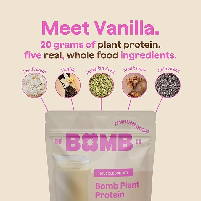 The Bomb Co. Bomb Plant Protein, Protein Powder with 20g Protein, Amino Acids, Zero Sugar, Pea Protein, Chia Seeds, Pumpkin Seeds, Vanilla & Monk Fruit, Gluten Free, Vanilla Flavor, 20 Srvgs
