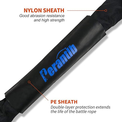 Perantlb Battle Rope With Wear-Resistant Nylon Protective Sleeve - Heavy Battle Rope for Strength Training, Home Fitness Exercise - Anchor Strap Kit Included