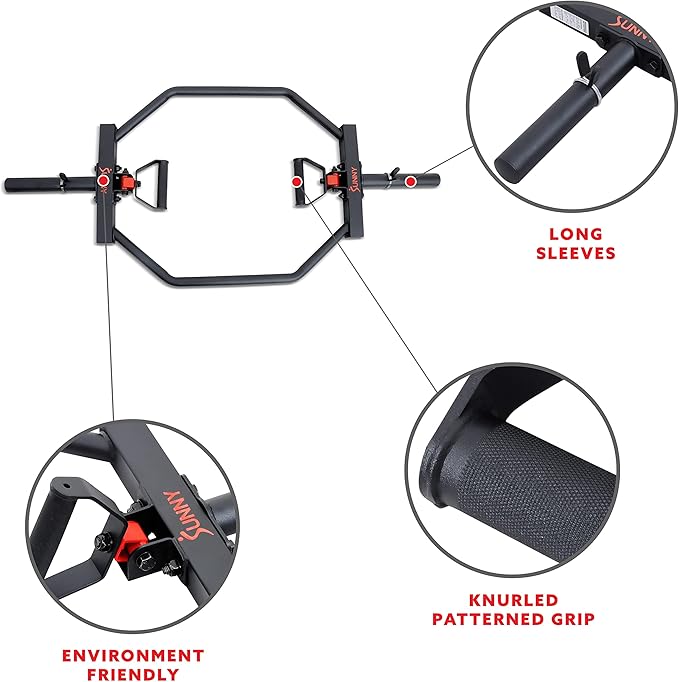 Sunny Health & Fitness Strength Training Olympic Hex Bar Barbell, High Load Capacity, Swivel Handles, Safety Clips, Knurled Handles for Deadlifts, Shoulder Presses, Shrugs, Back Rows, Weightlifting
