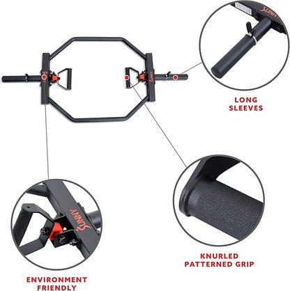 Sunny Health & Fitness Strength Training Olympic Hex Bar Barbell, High Load Capacity, Swivel Handles, Safety Clips, Knurled Handles for Deadlifts, Shoulder Presses, Shrugs, Back Rows, Weightlifting
