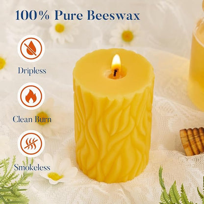 Crenovo Natural Beeswax Pillar Candles 3 Pack, 100% Pure Beeswax Candles Bulk with 180 Hours Burn Time, Organic Bees Wax Candles for Home, Party, Prayer, Non-Toxic Dripless Smokeless 2.8x4 Inch