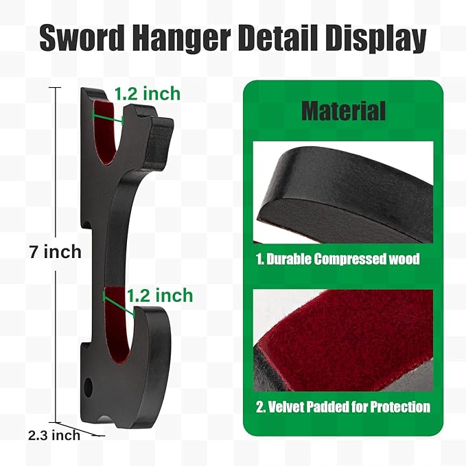 Sword Holder Wall Mount 2-Tier Velvet Padded Hook Katana Holder Adjustable Display Hanger for Samurai Sword Tanto Rapier Light Saber Cosplay Blade Tanjirou Demon Slayer Weapon Rack