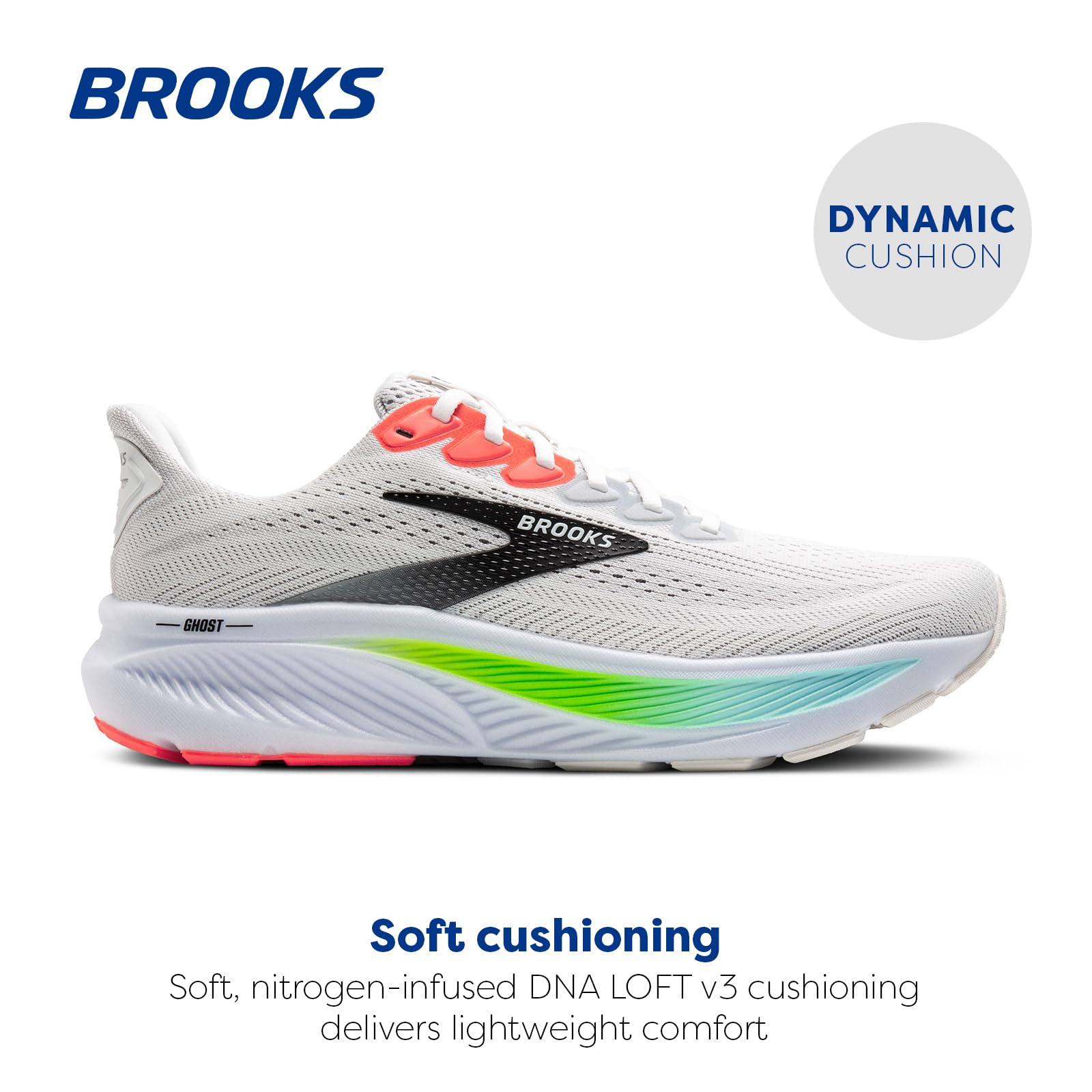 Brooks Men’s Ghost 17 Neutral Running Shoe - White/Pink Clay/Gecko - 8.5 Medium